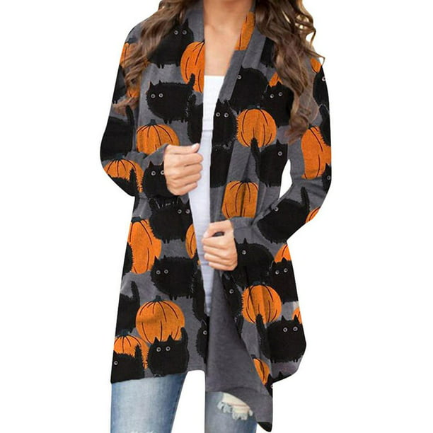Women's Halloween Tops Long Sleeve Open Front Cardigan Funny Pumpkin Black Cat Ghost Graphic Tees Lightweight Coat 